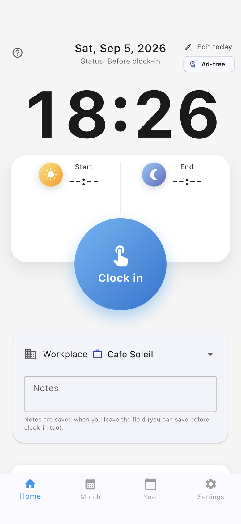 Home screen: large Clock in button for one-tap punch
