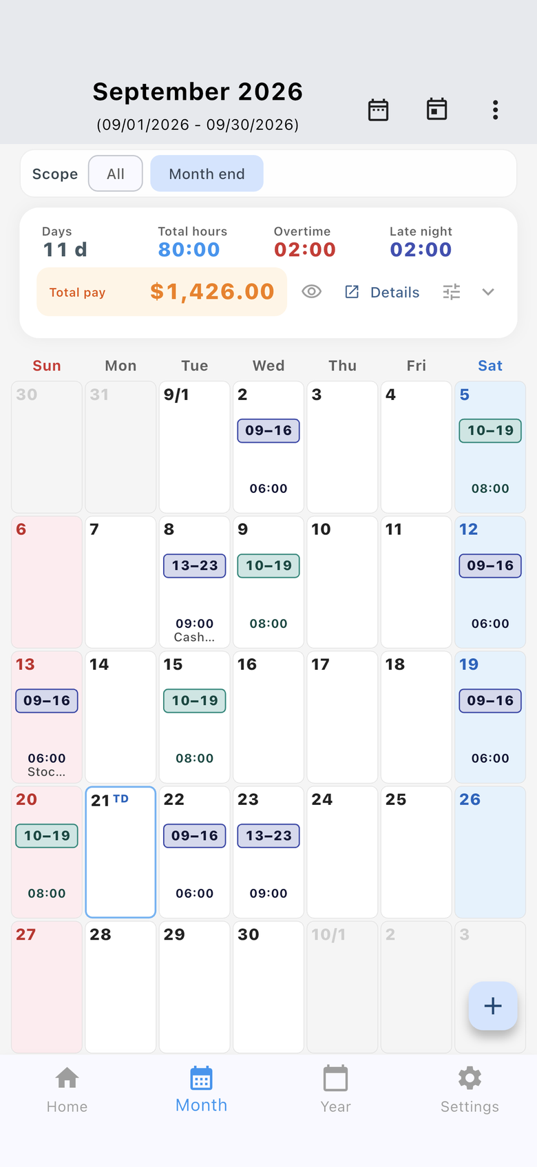 Monthly calendar with daily time ranges