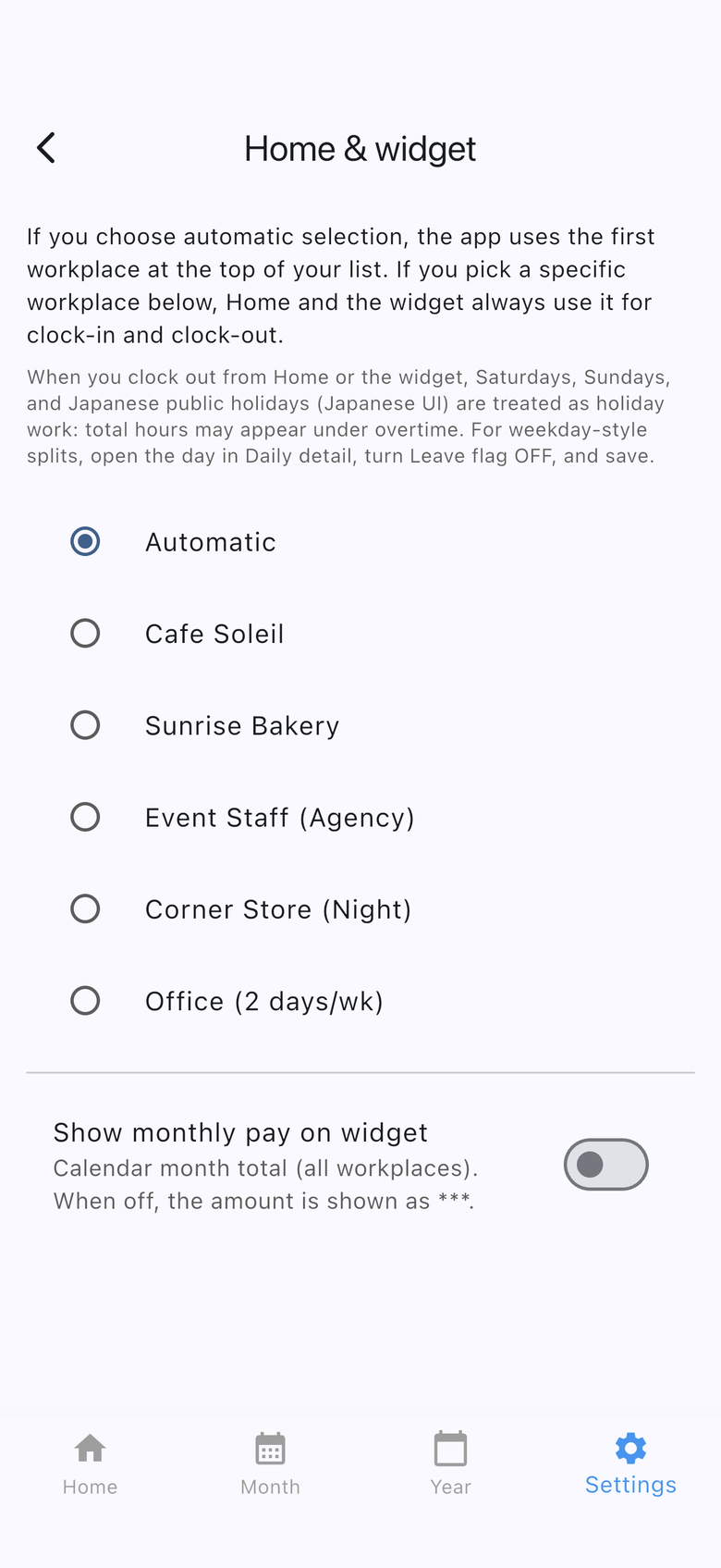 Home and widget settings with workplace and monthly pay toggle
