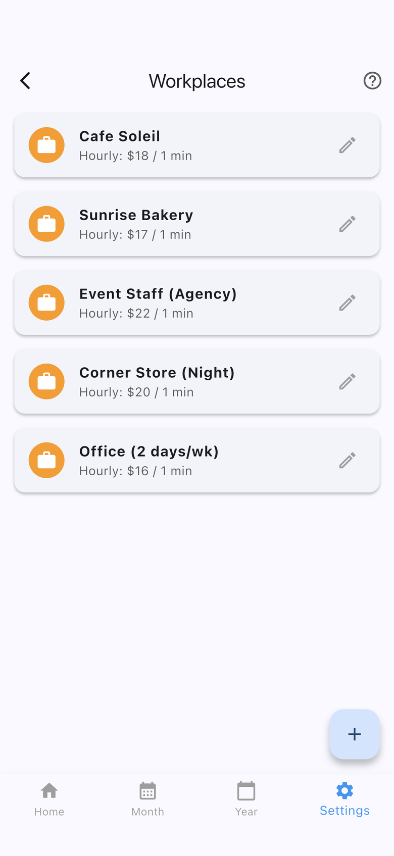 Workplaces list with Cafe Soleil, bakery, agency, night shift, and office