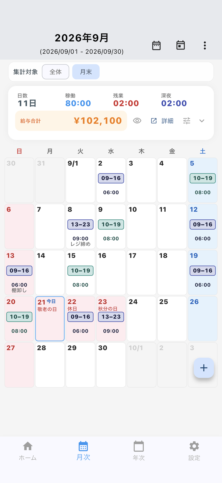 月次カレンダー：日ごとの時間帯と給与合計