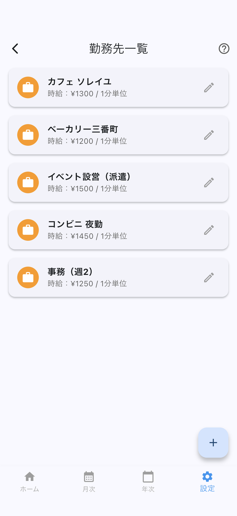 勤務先一覧。カフェ、ベーカリー、派遣、夜勤など複数登録